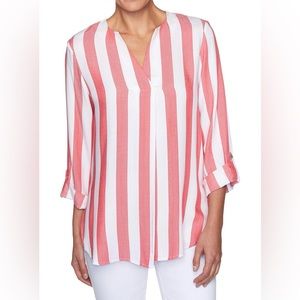 Ruby Rd. Red White Cabana Stripe V-neck Costal Nautical Top Medium NWT
